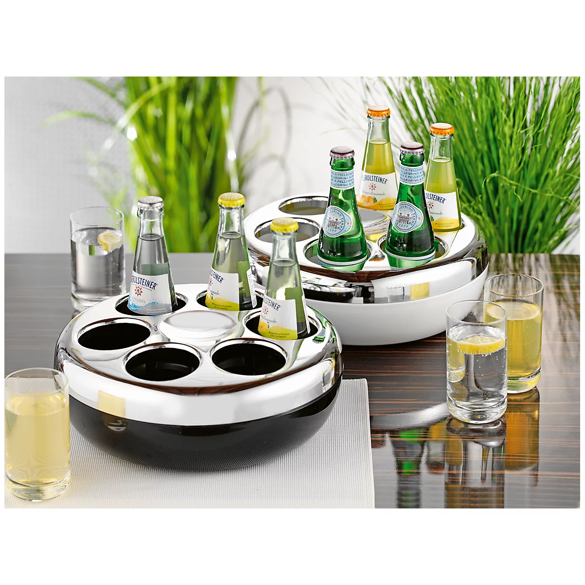 Flessenkoeler PURE, rond, voor maximaal 6 flessen met 0,2-0,33 l, koelverpakking, plastic, zilver-zwart, voor maximaal 6 flessen.