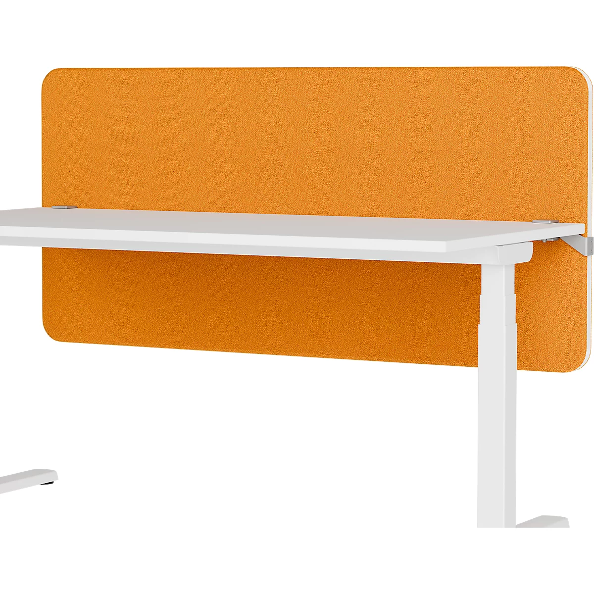 Een witte bureau met een oranje geluidsdichte muur op de achtergrond.