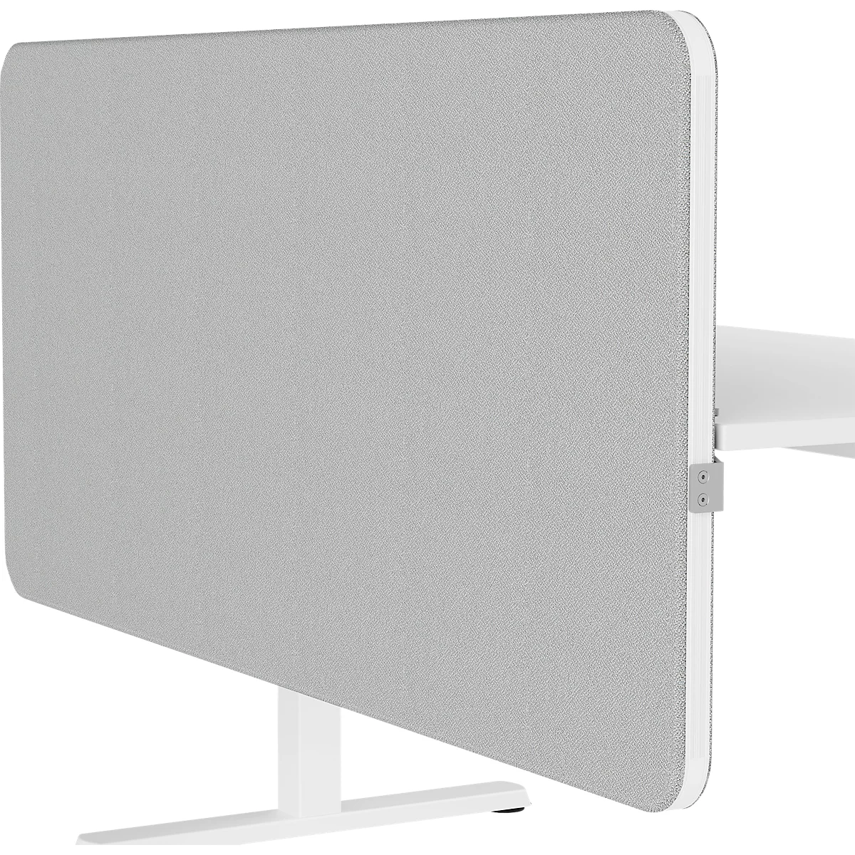 Grijze geluiddichte wand, iets van opzij gefotografeerd. De wand is bevestigd aan een wit bureau.