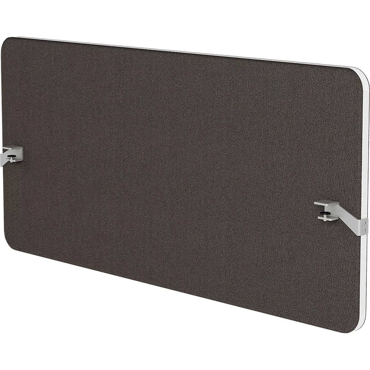 Grijze geluiddichte wand met metalen beugels. Afgeronde hoeken en wit frame.