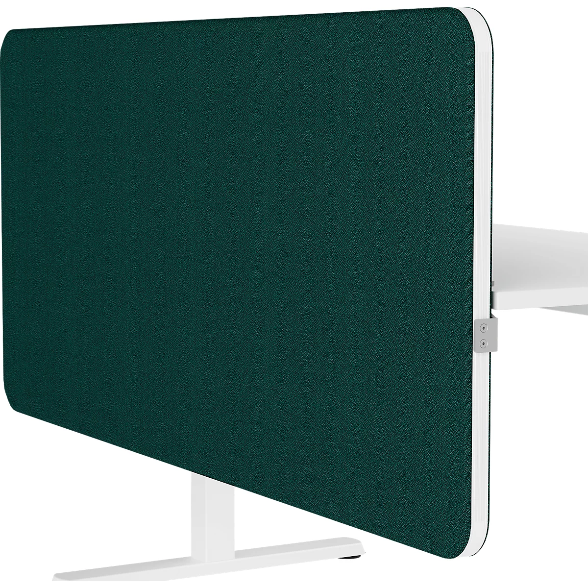 Groen rechthoekig kantoorafscheidingspaneel met wit frame. Het is bevestigd aan een witte tafel.