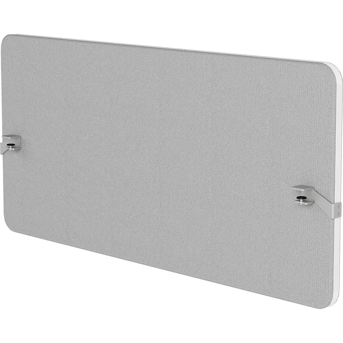 Rechthoekige grijze plaat met afgeronde hoeken en twee metalen clips.