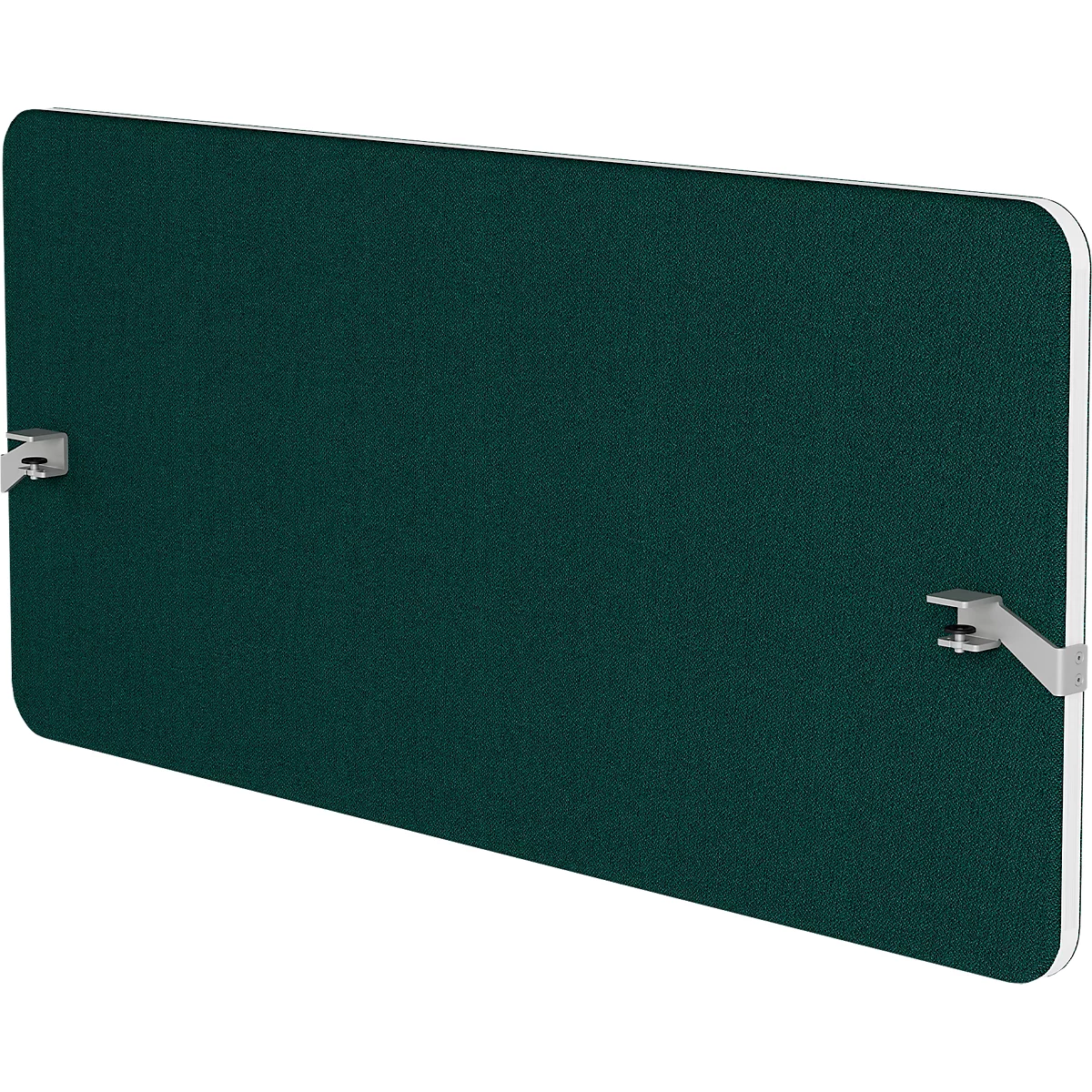 Een groen rechthoekig bord, met zilveren beugels aan de muur bevestigd. De randen zijn afgerond.