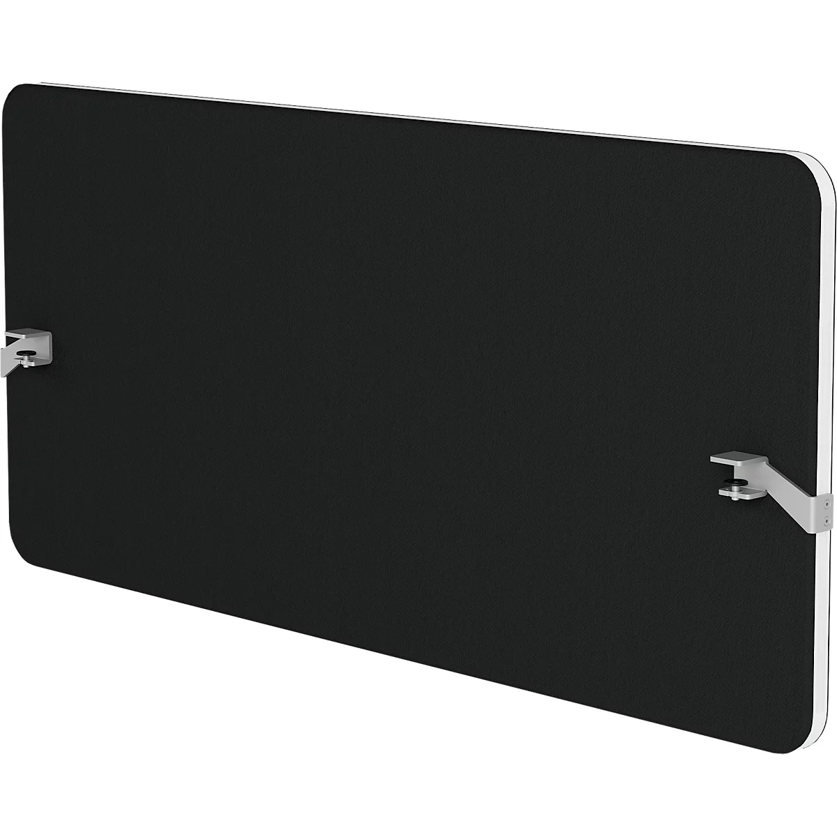 Zwart rechthoekig geluidsisolerend paneel met afgeronde hoeken en zilveren beugels.