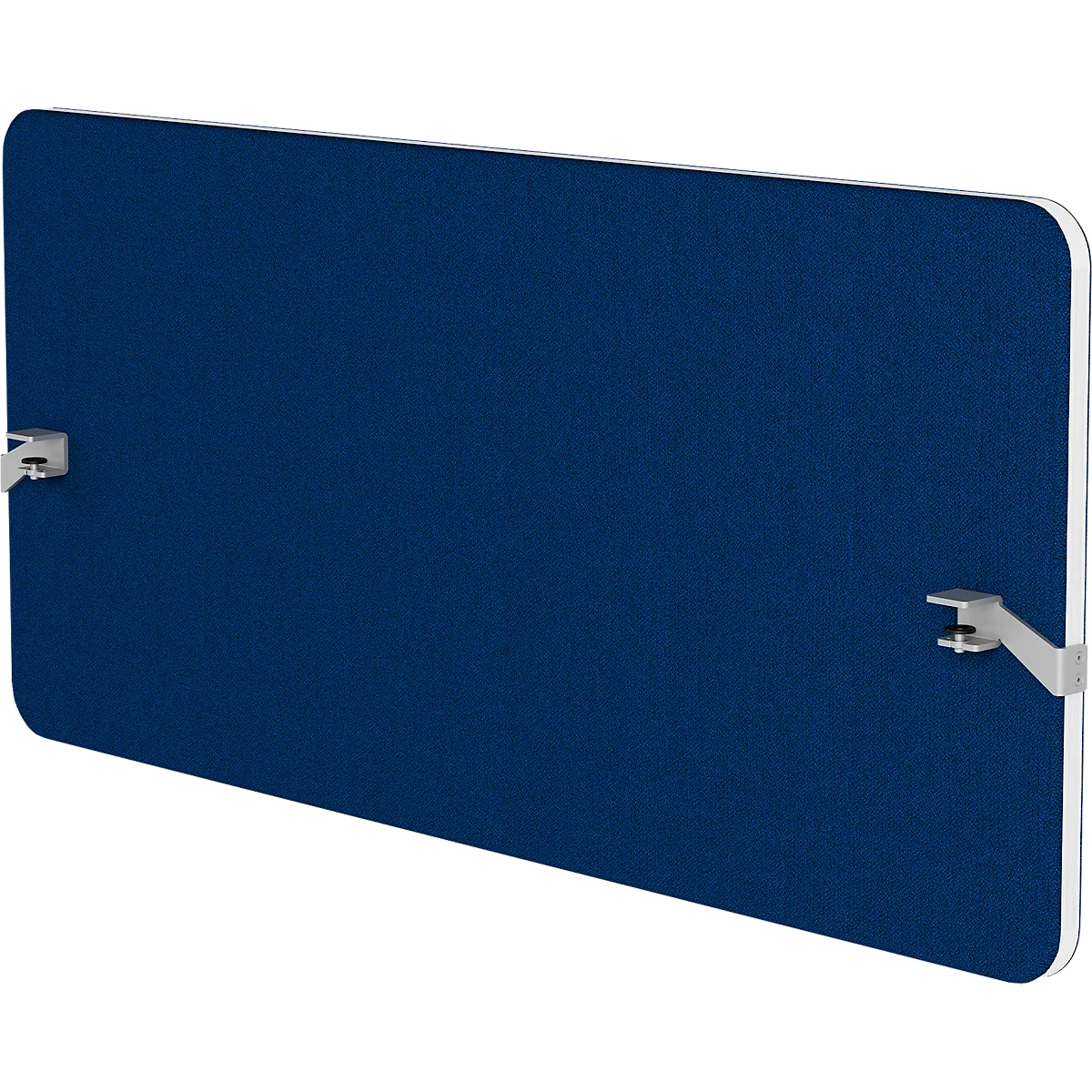 Blauw kantoorscherm met metalen bevestigingen, witte rand, geïsoleerd tegen witte achtergrond.