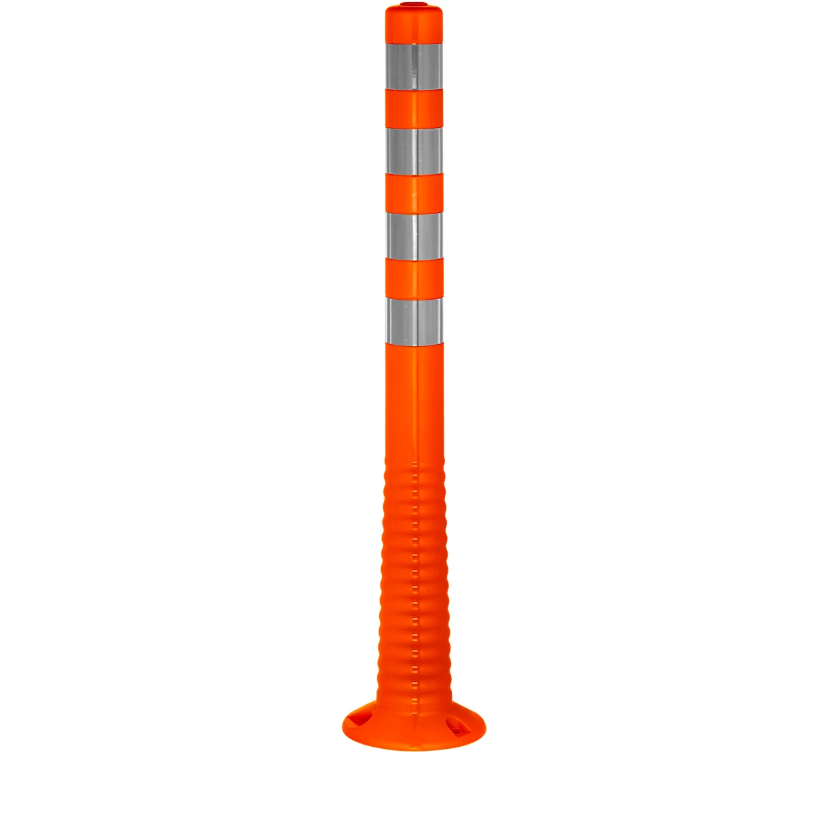 Orange traffic post with silver reflective stripes. The base is wide and round.