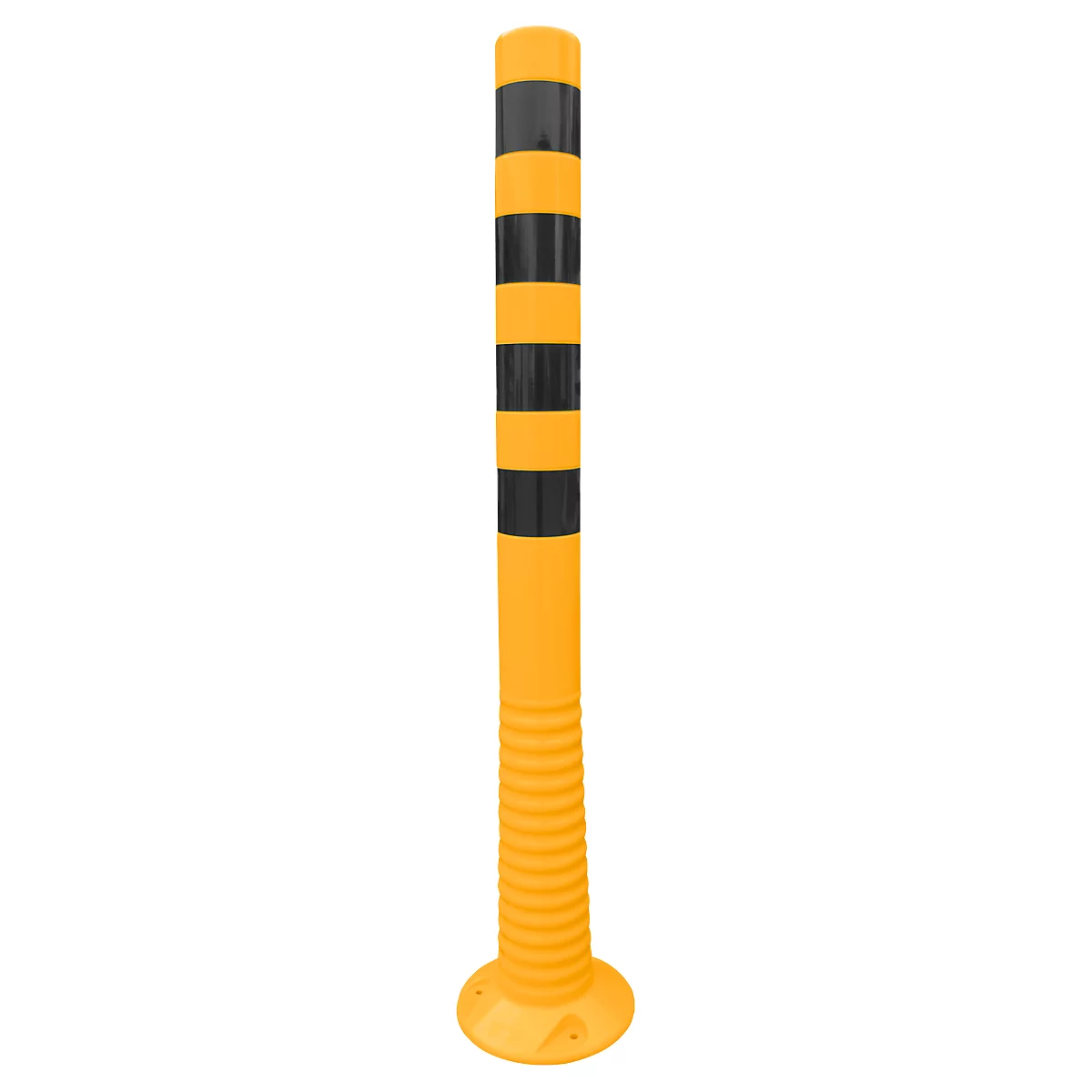 Yellow and black traffic bollard, cylindrical, with a wide base.