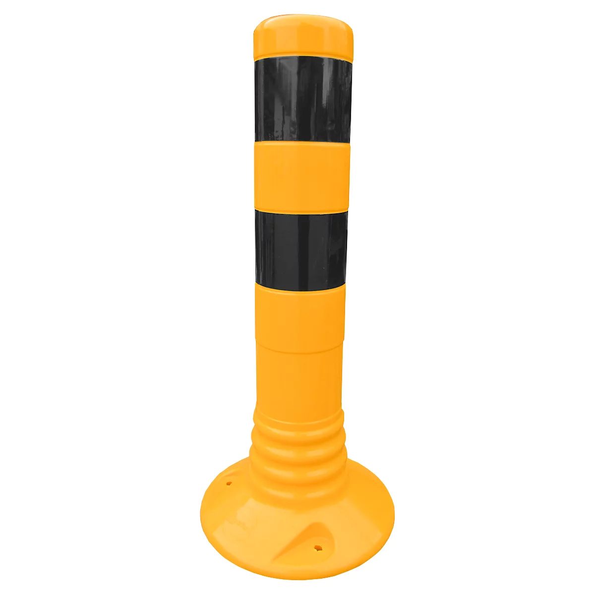 Yellow and black bollard. Cylindrical with a round base, yellow with black stripes.