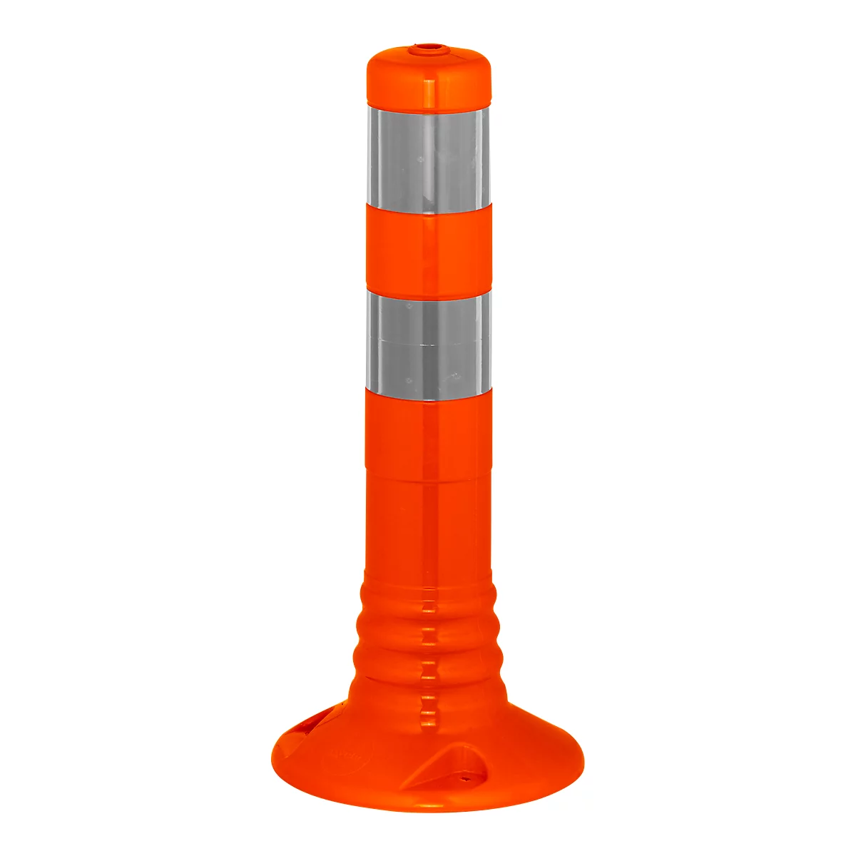 Orange traffic cone, with silver reflective stripes.