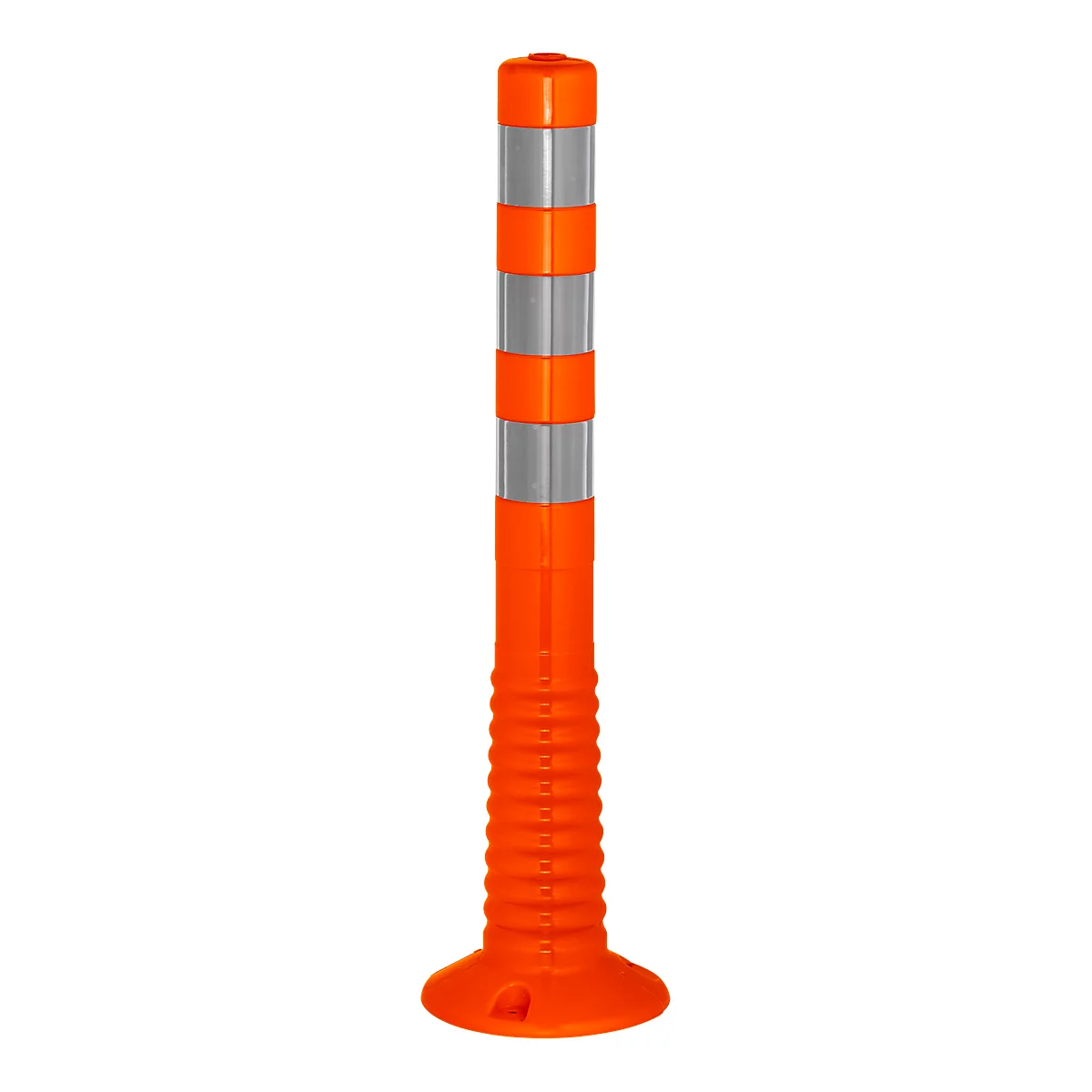 Orange traffic cone with silver reflectors and a wide base.