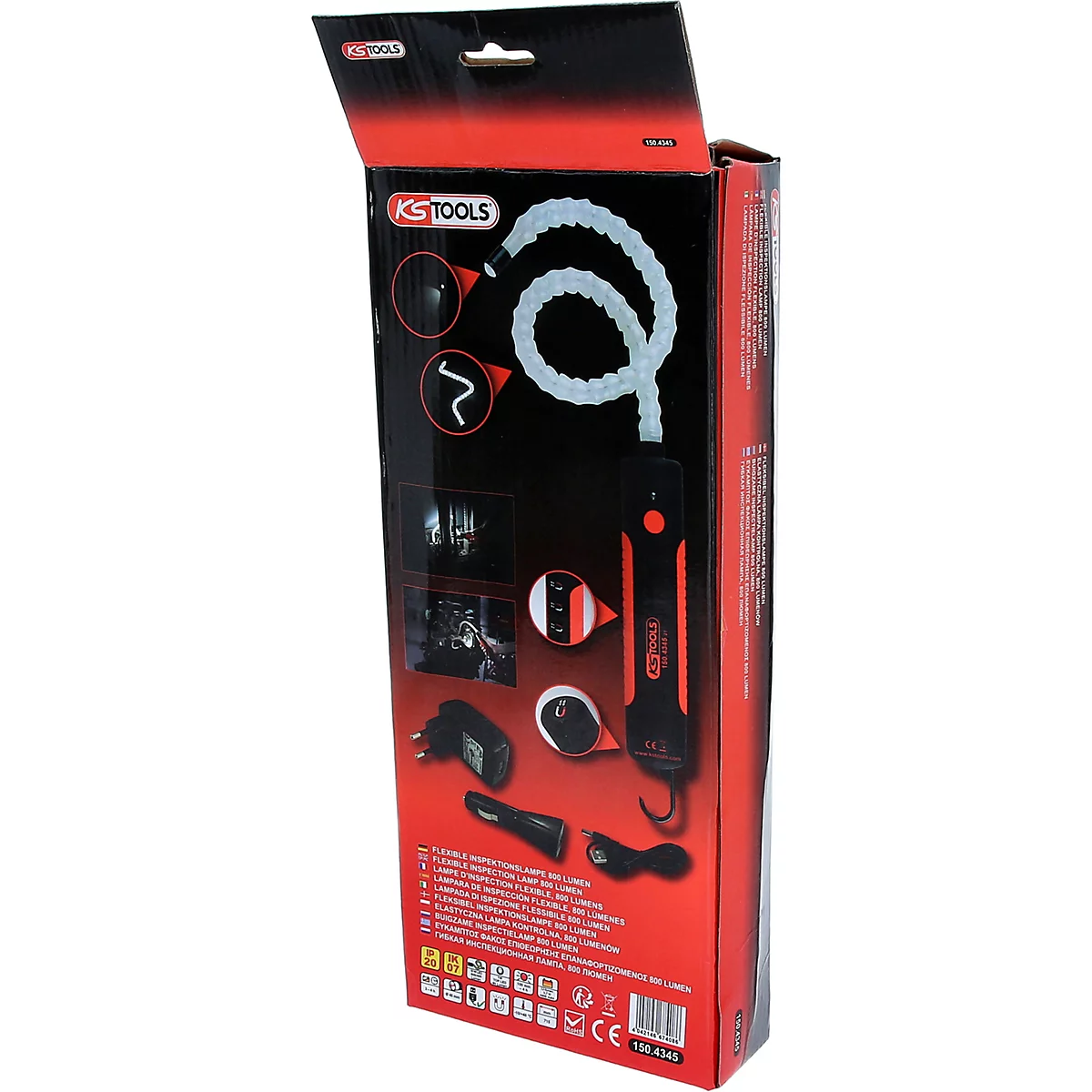 Rückseite einer schwarzen und roten Box, auf der eine flexible Inspektionsleuchte mit dem Logo von KS TOOLS abgebildet ist. Verschiedene Anwendungsszenarien und Produktmerkmale werden dargestellt.