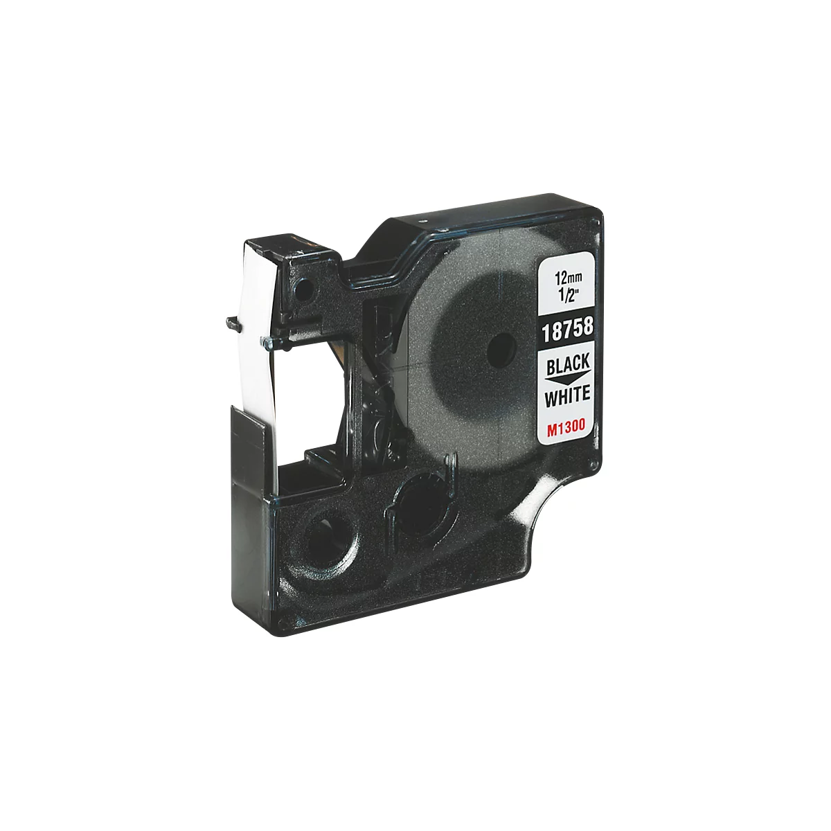 Label tape, black on white. Inscription: 12mm/1/2", 18758 BLACK WHITE M1300.