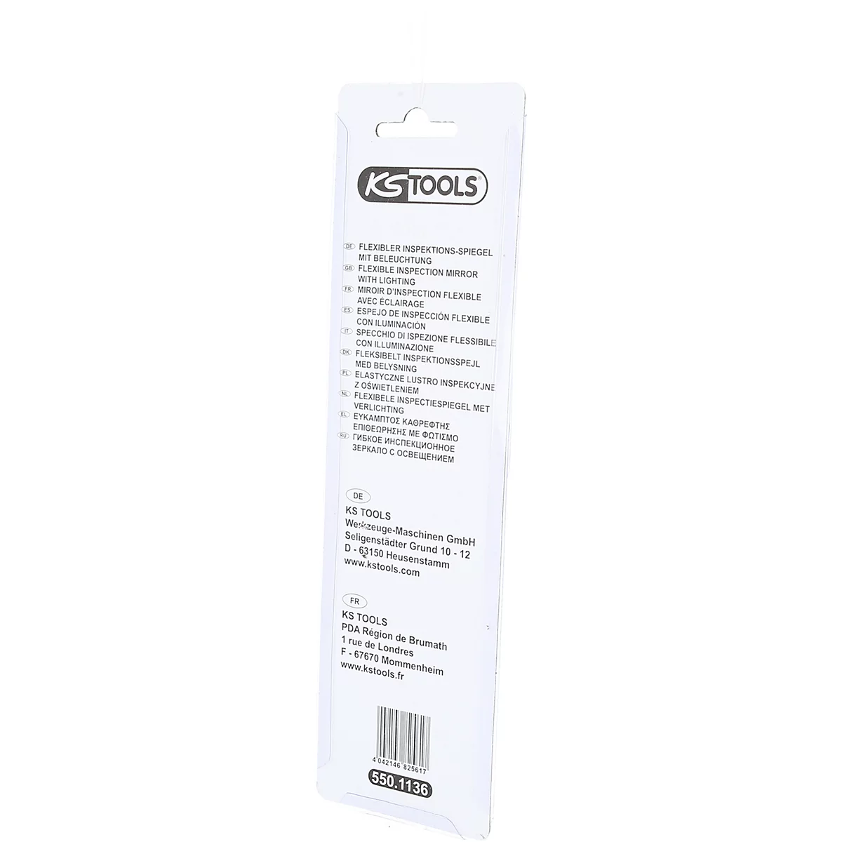 Verpackung mit Text in mehreren Sprachen, Produkt KS Tools, Barcode.