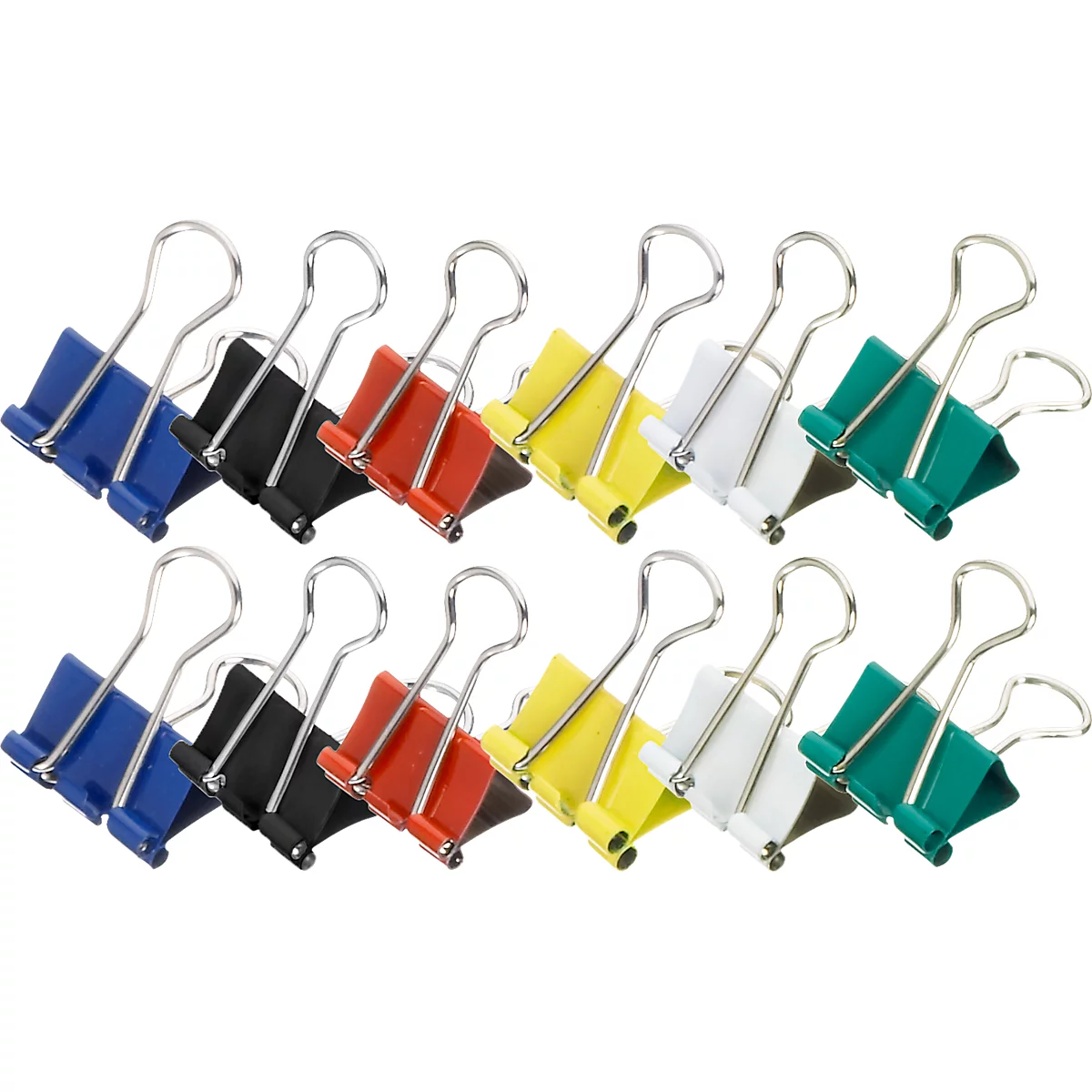 Onder het aanzicht van paperclips in verschillende kleuren: blauw, zwart, rood, geel, wit en groen. Metalen handgrepen zijn zichtbaar.