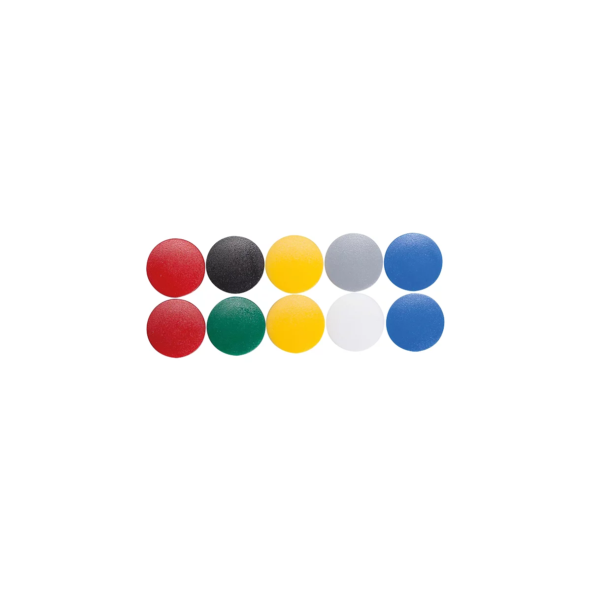 Tien gekleurde, cirkelvormige magneten in rood, zwart, geel, grijs, blauw, groen en wit.