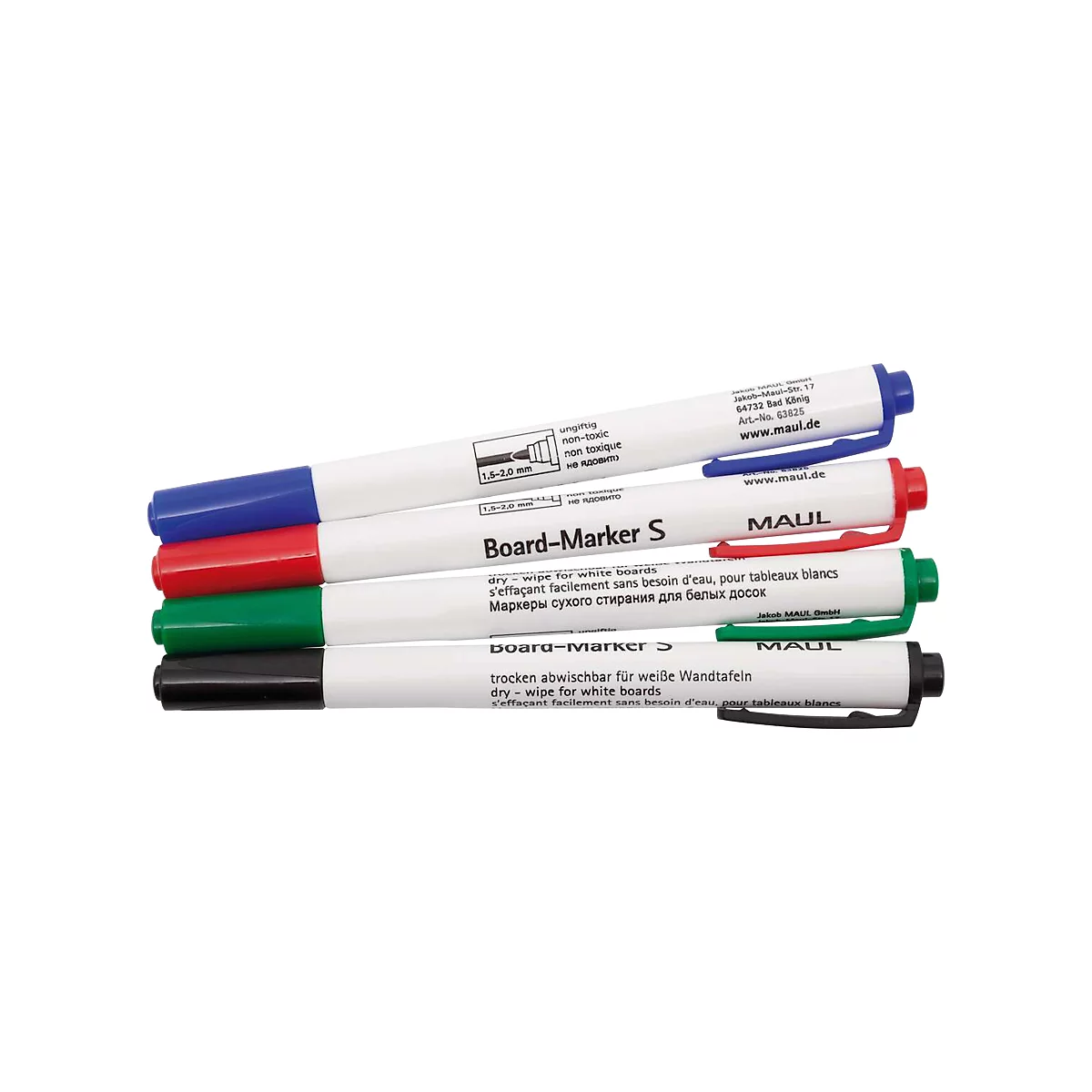 Close-up van vier witte whiteboard markers met gekleurde doppen (blauw, rood, groen, zwart). De pennen liggen naast elkaar, deels overlappend.