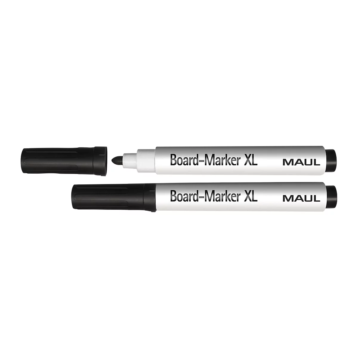 Twee zwarte Board-Marker XL van Maul, één met de dop eraf, naast een dop.