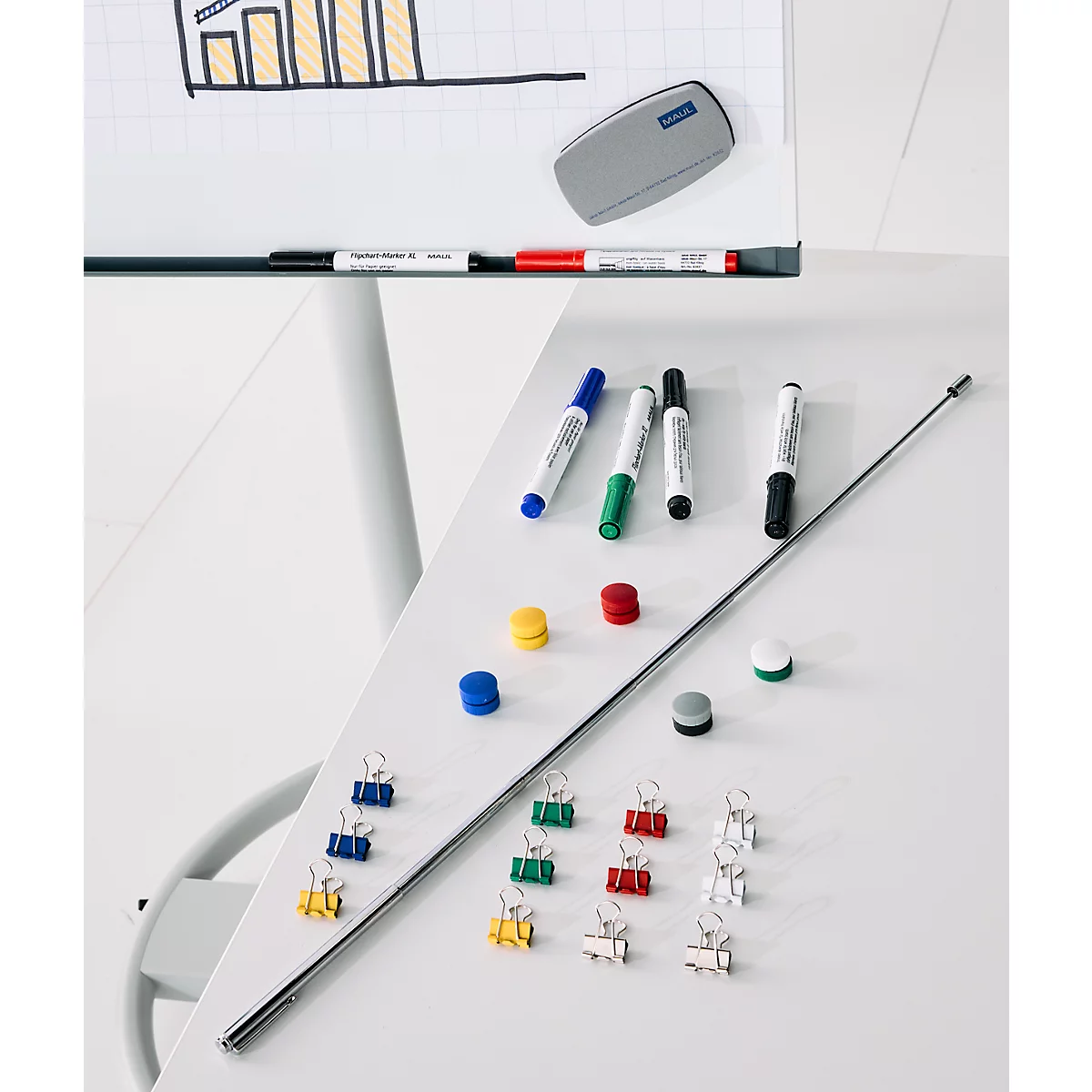 Whiteboard met stiften, magneten en paperclips. De achtergrond is wit.
