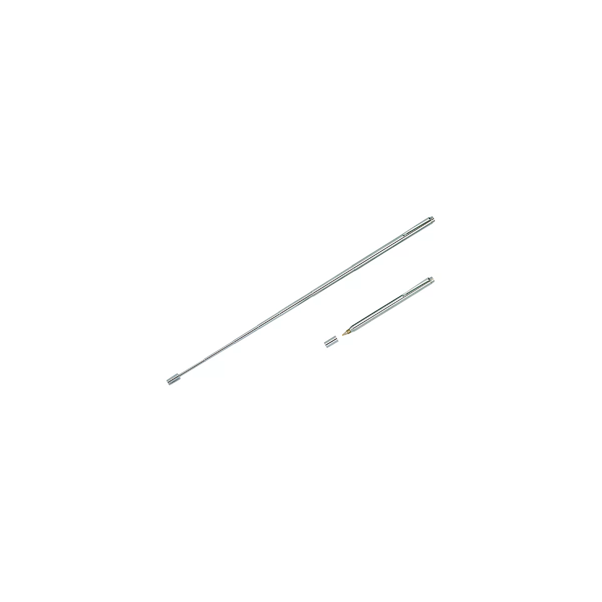 Een metalen pen in twee delen, met een zichtbare punt en een losgemaakt kapgedeelte.