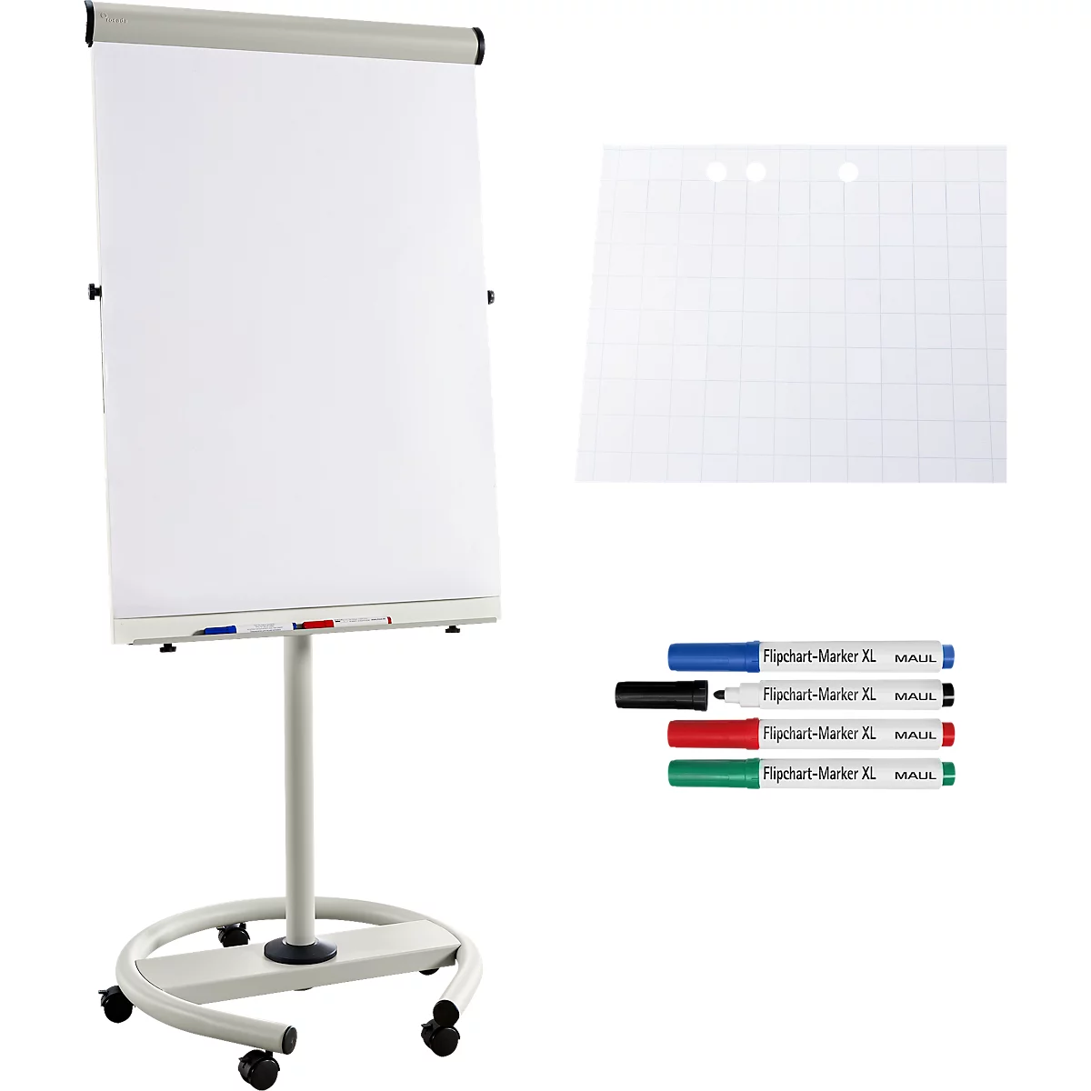 A flip chart with pens and graph paper. The flip chart is white and stands on a rolling stand.