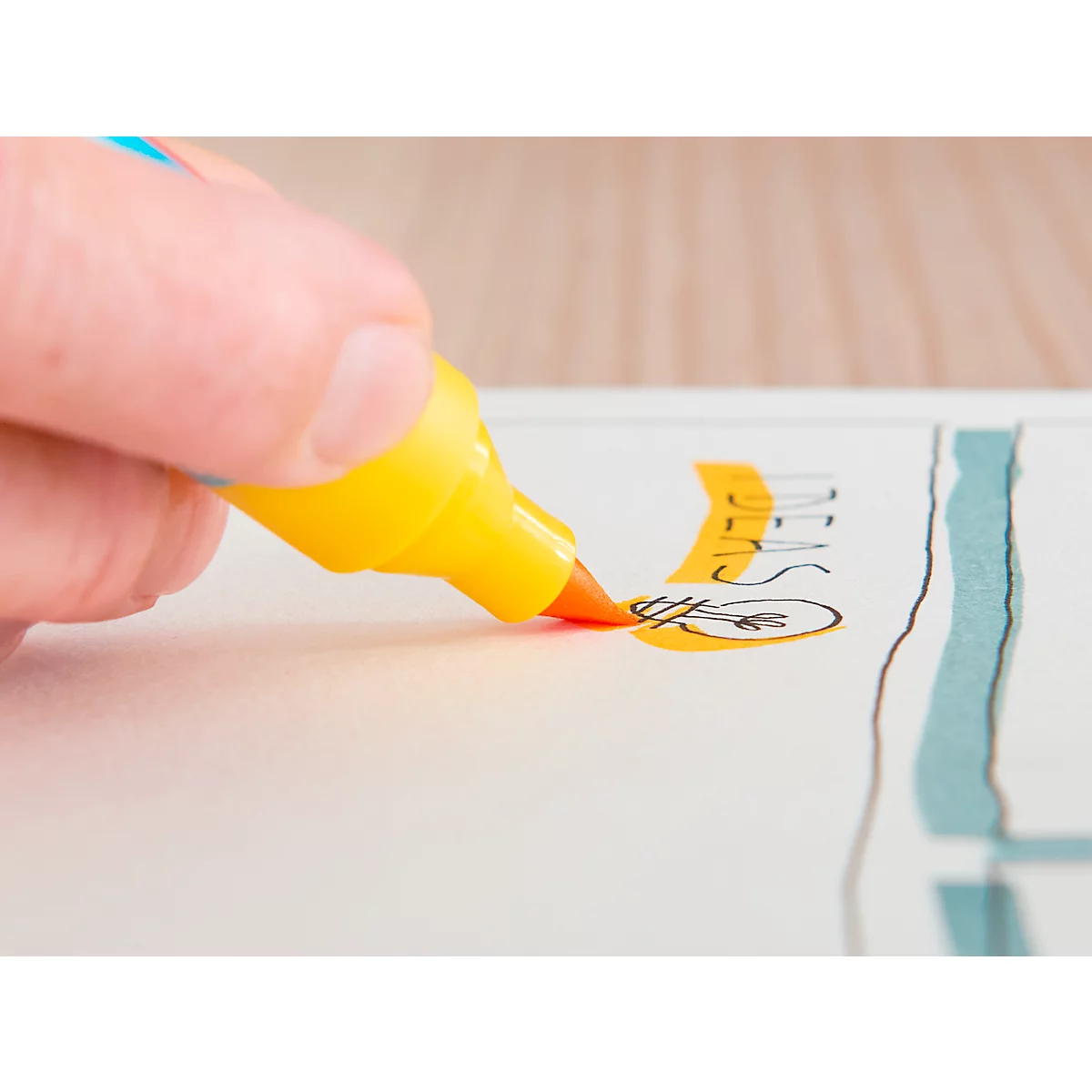 Eine Hand hält einen gelben Textmarker und markiert das Wort "IDEAS" auf Papier. Eine Glühbirne ist darunter gezeichnet.