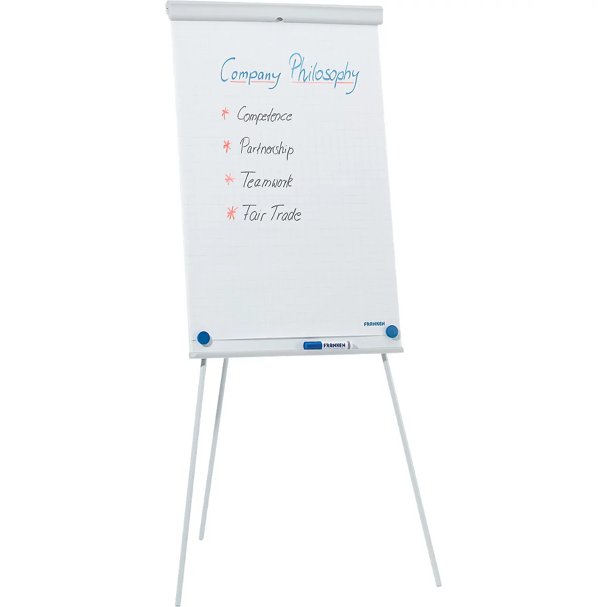 Flipchart Franken X-tra!Line Standard, in hoogte verstelbaar, houder met snelsluiting, opbergbakje, magnetisch bord met B 680 x H 1050 mm, lichtgrijs