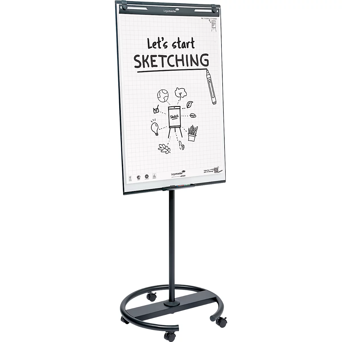 Un tableau à feuilles avec "Let's start SKETCHING" et des dessins. Il est posé sur un pied noir à roulettes.