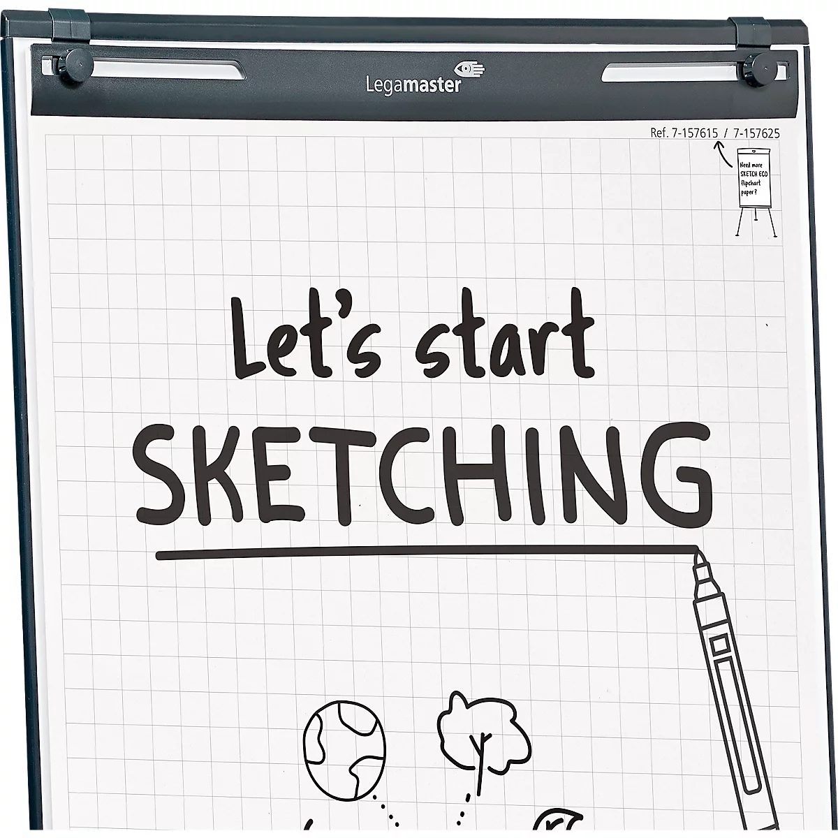 Un tableau blanc avec les mots "Let's start SKETCHING". A côté, une illustration d'une main tenant un marqueur.