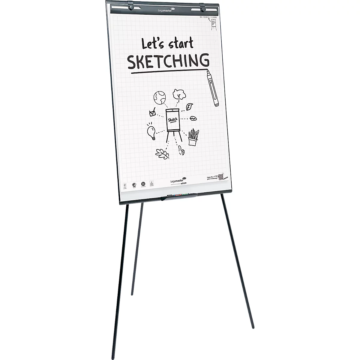 Un tableau blanc avec les mots "Let's start SKETCHING" et des illustrations. Le tableau est sur un trépied noir.