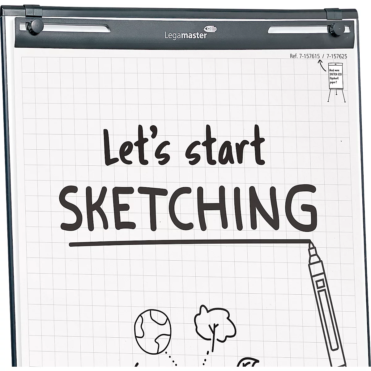 Tableau blanc avec les mots : « Let's start SKETCHING ». Des croquis d'un globe, d'un arbre et d'un stylo se trouvent en dessous.