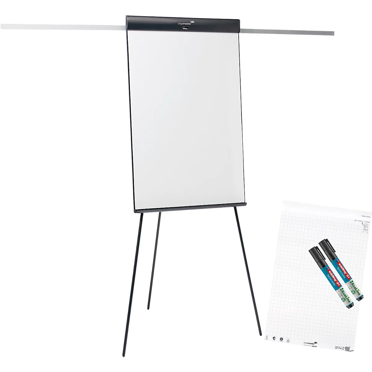 Flipchart Legamaster Sketch Pro, magnetisch bord, in hoogte verstelbaar, 2 zijarmen, statiefvoet, incl. startset, B 680 x H 1050 mm, zwart/wit