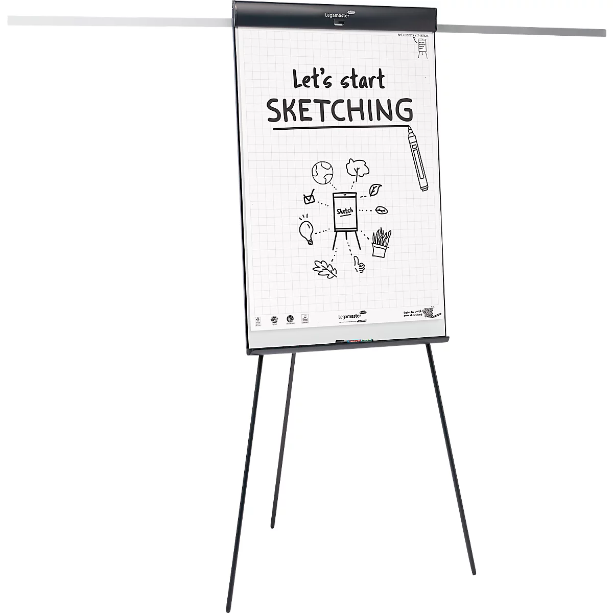 Flipchart Legamaster Sketch Pro, magnetisch bord, in hoogte verstelbaar, 2 zijarmen, statiefvoet, incl. startset, B 680 x H 1050 mm, zwart/wit