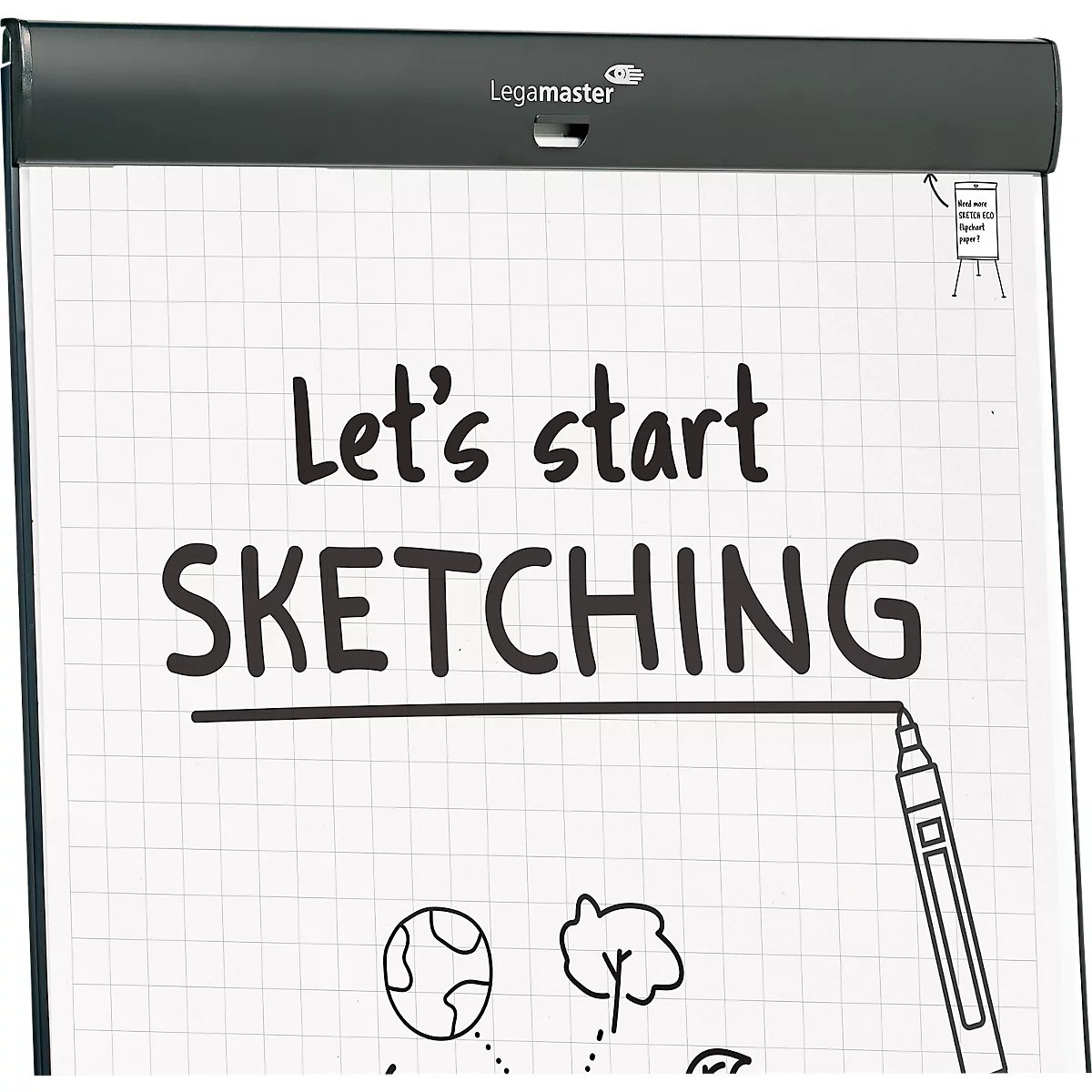 Flipchart Legamaster Sketch Pro, magnetisch bord, in hoogte verstelbaar, 2 zijarmen, statiefvoet, incl. startset, B 680 x H 1050 mm, zwart/wit