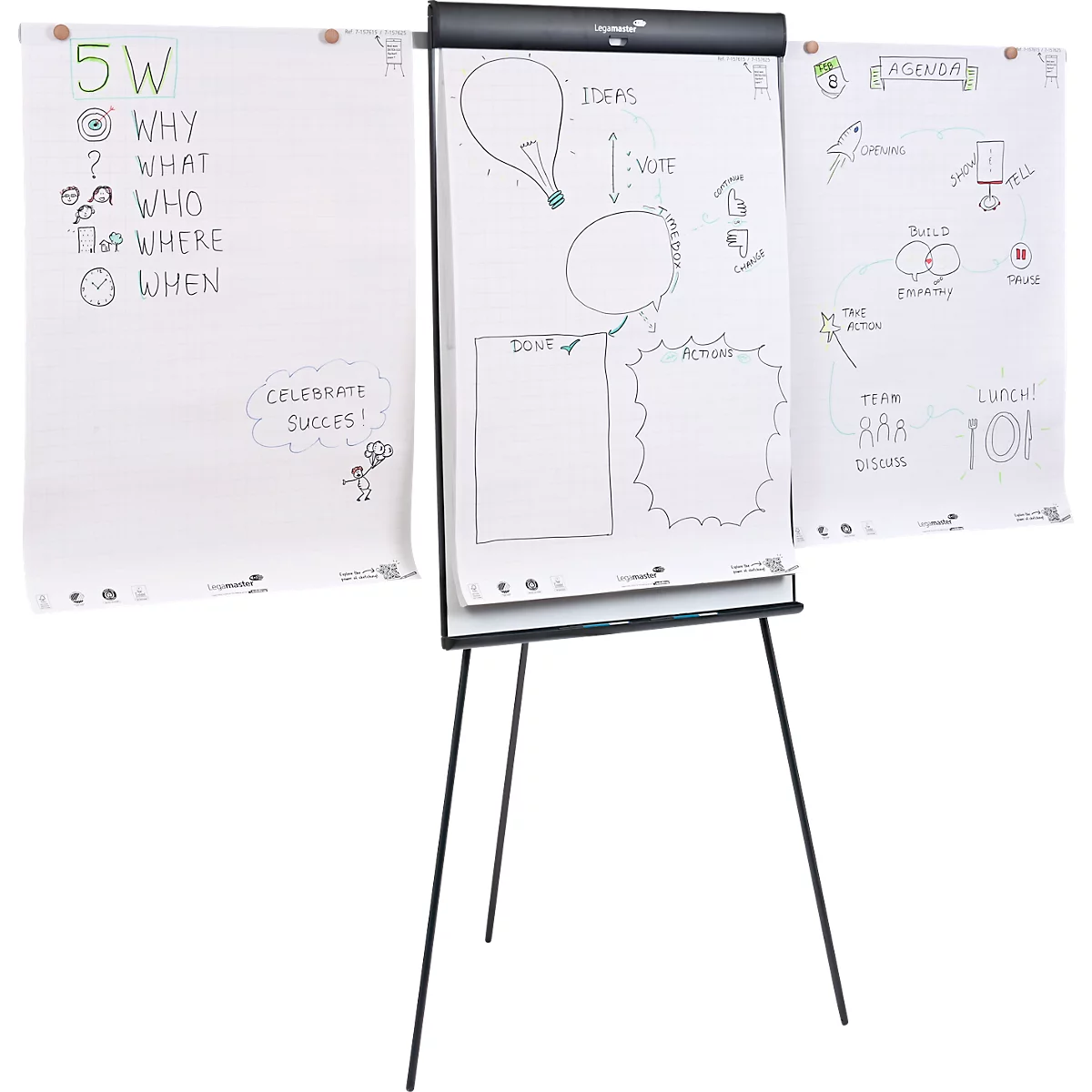 Flipchart Legamaster Sketch Pro, magnetisch bord, in hoogte verstelbaar, 2 zijarmen, statiefvoet, incl. startset, B 680 x H 1050 mm, zwart/wit