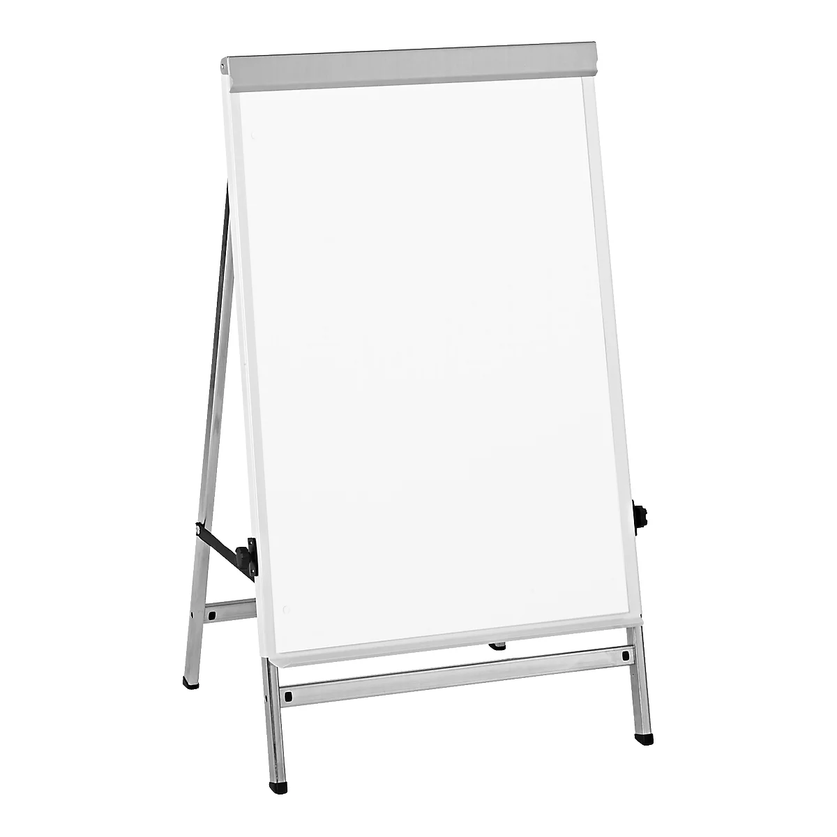 Wit flip-over op een zilveren standaard. Frame en houder zijn ook zilver.