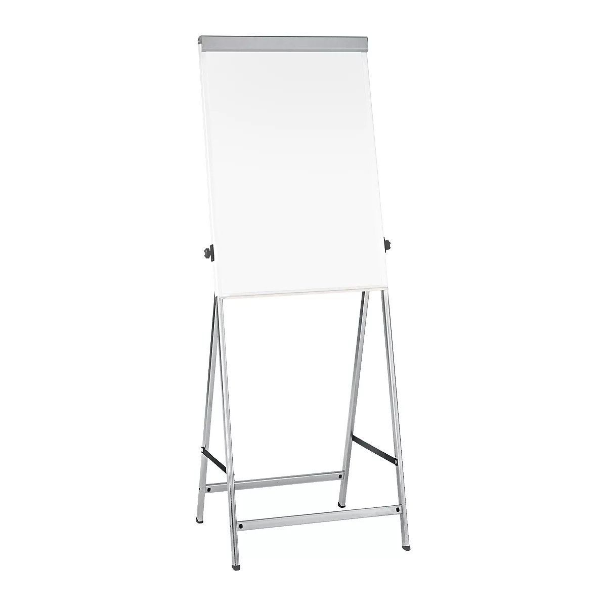 Een wit flip-overbord met een zilveren frame en poten. Het oppervlak is leeg.