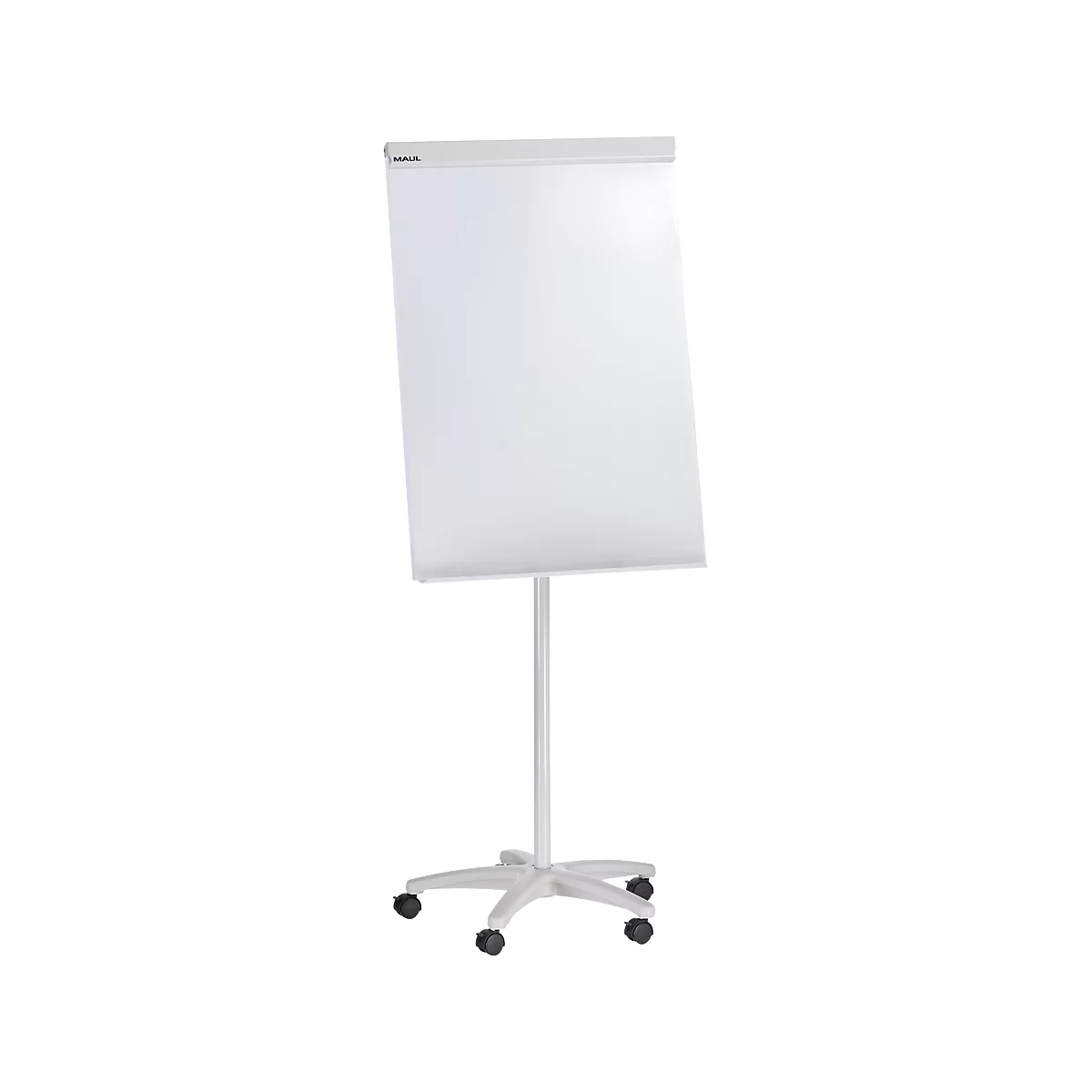 Tableau de conférence blanc sur roulettes ; bord supérieur avec lettrage.