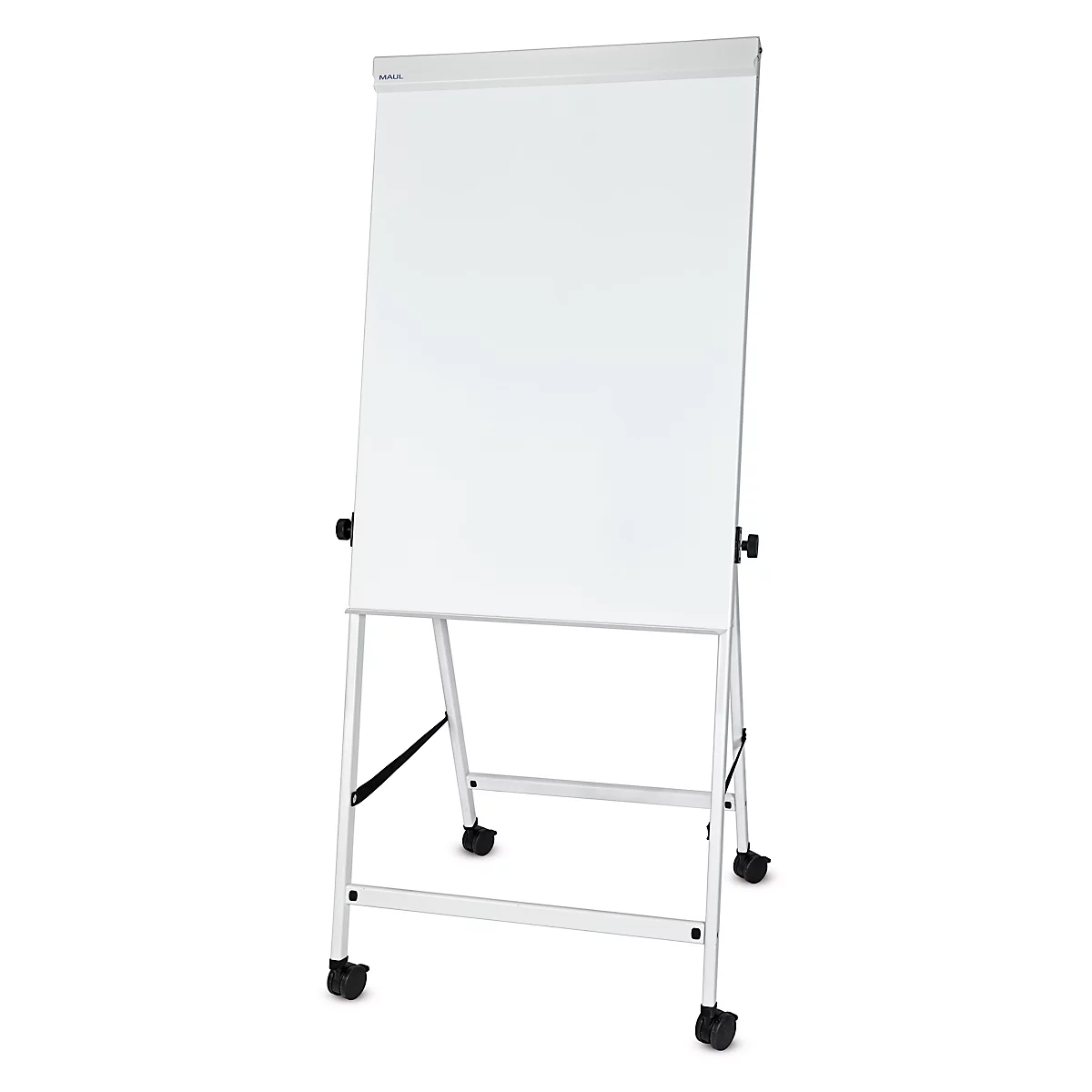 Tableau blanc sur roulettes sur fond clair. La partie supérieure est marquée du logo du fabricant.