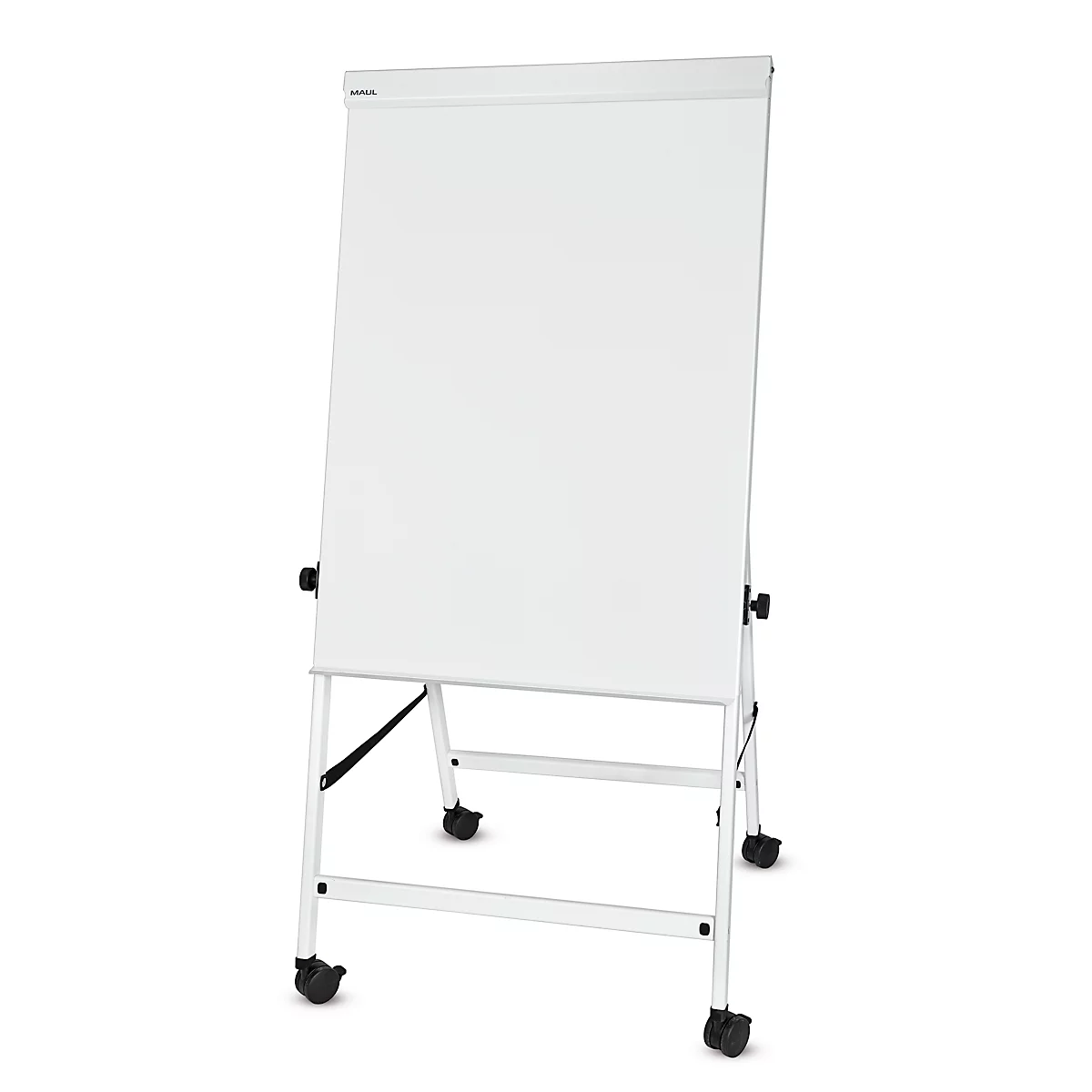 Wit whiteboard op wielen, geïsoleerd op witte achtergrond.