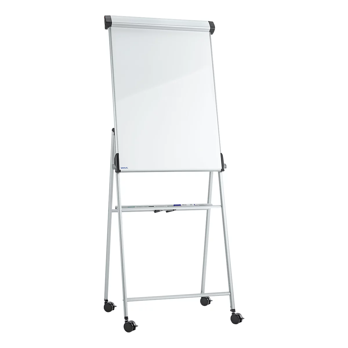 Tableau blanc sur un cadre argenté à roulettes. Supports noirs en haut et sur les côtés.