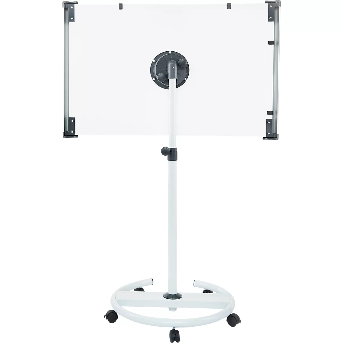 Tableau blanc mobile sur roulettes. Le support est réglable en hauteur.