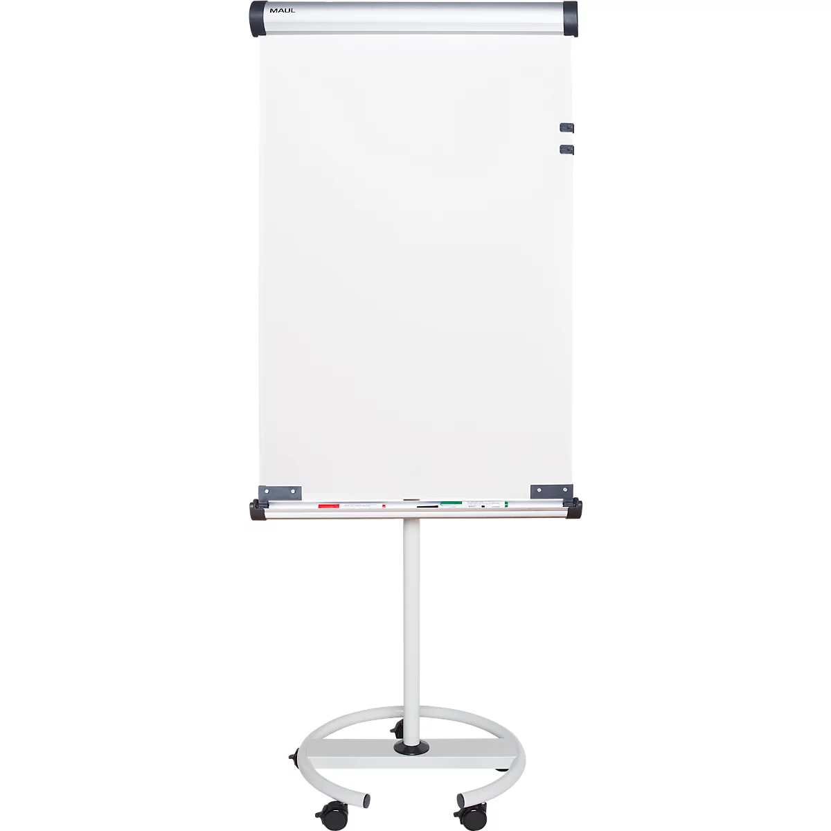 Wit whiteboard op wielen; grijze houder; zwarte uiteinden; penhouder.