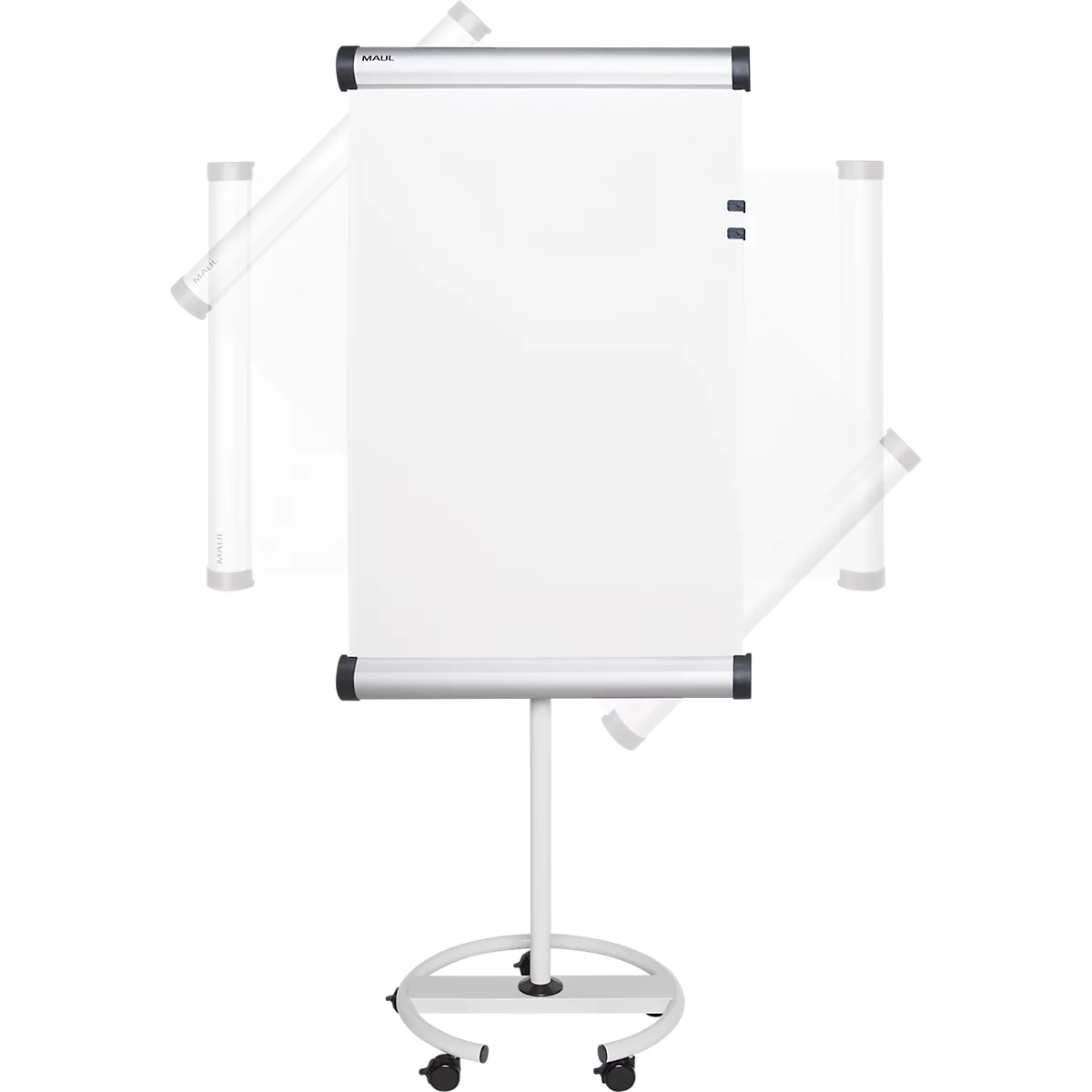 Wit flip-overbord op wielen, met papier. Zilveren houders en zwarte uiteinden.