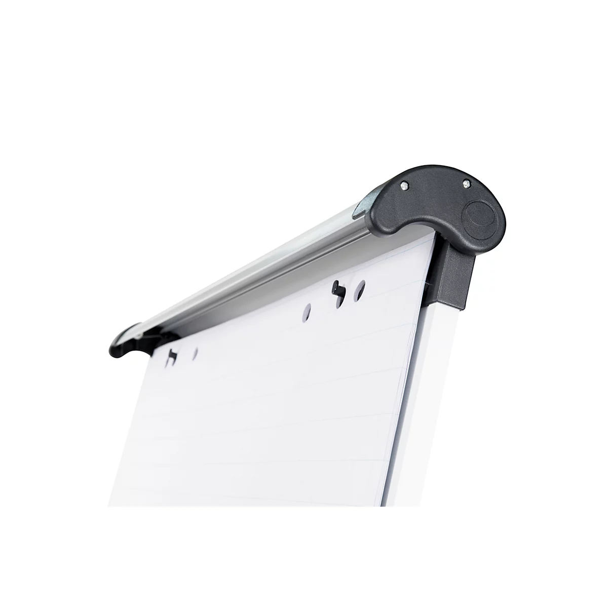 Close-up van een flip-over. De bovenrand, zwart, met een zilveren balk. Papier met perforatie.