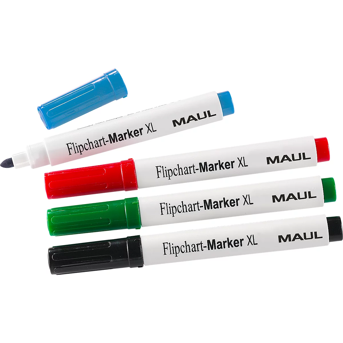 Four flip chart markers, white with colored ends. Text: Flipchart-Marker XL and MAUL. A blue cap is lying next to it.
