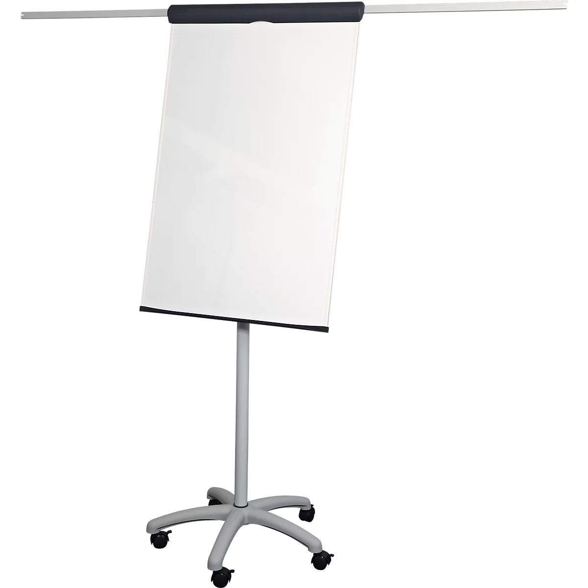 A white flip chart on a gray stand with wheels, against a white background. A bracket at the top.