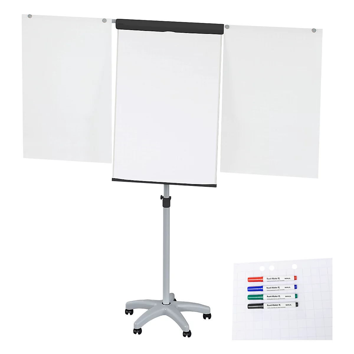 Whiteboard with three panels, on wheels, with markers. Black bordered and with a black holder. Pens are lying next to the board.