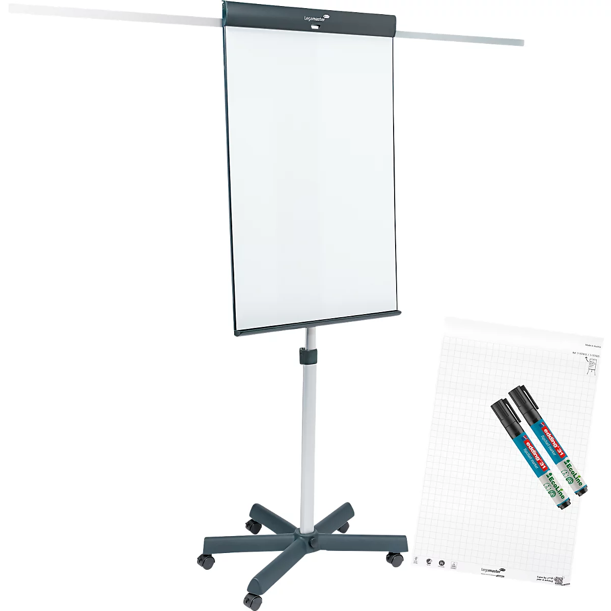 Flipchart mobile Legamaster Sketch Pro, tableau magnétique, réglable en hauteur, 2 bras latéraux, pied en étoile, kit de démarrage inclus, L 680 x H 1050 mm, noir et blanc