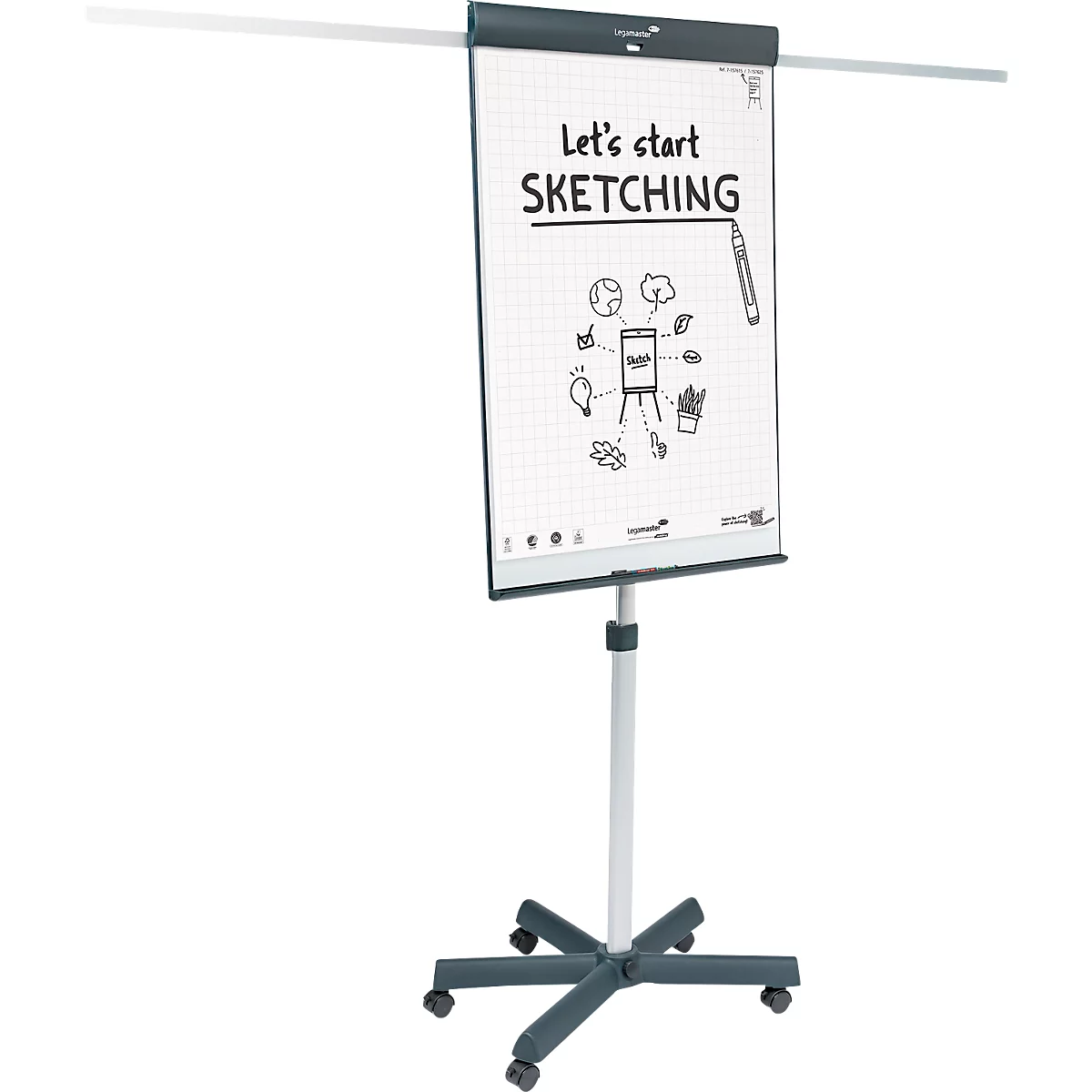 Flipchart mobile Legamaster Sketch Pro, tableau magnétique, réglable en hauteur, 2 bras latéraux, pied en étoile, kit de démarrage inclus, L 680 x H 1050 mm, noir et blanc