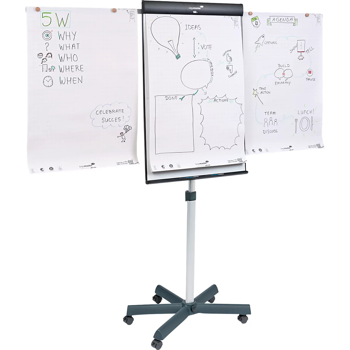 Flipchart mobile Legamaster Sketch Pro, tableau magnétique, réglable en hauteur, 2 bras latéraux, pied en étoile, kit de démarrage inclus, L 680 x H 1050 mm, noir et blanc